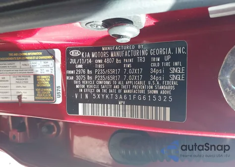 2015 Kia Sorento Lx z USA, uszkodzony, nr VIN 5XYKT3A61FG615325